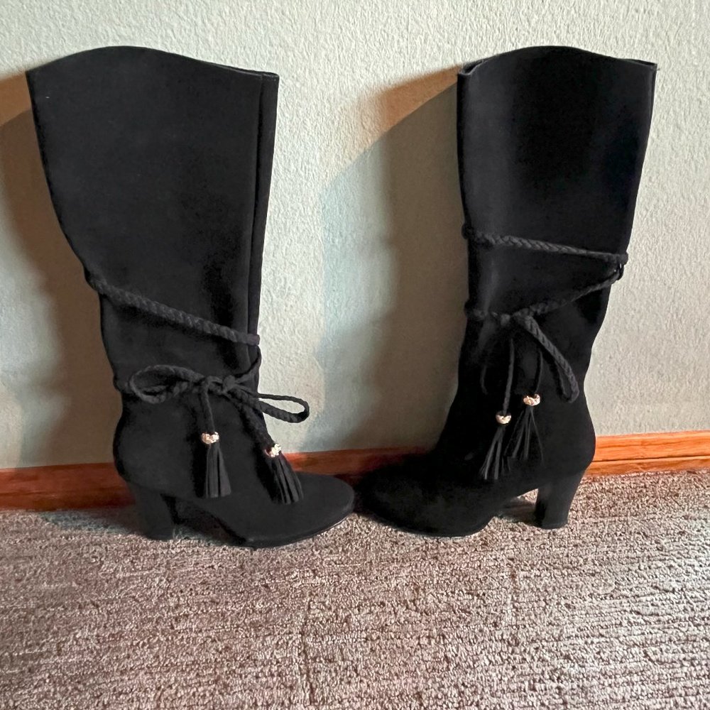 Black Knee High Boots with Tassels and Gold Accents  - Size 6